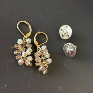 Women’s vintage pair of gold color sand dollar stud and dangle bead earrings